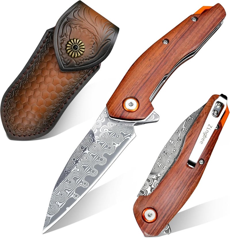 Zingbee Damascus Pocket Knife for Men Women 3.03" Damascus Blade Folding Knife for EDC Outdoor Fishing Camping Hiking Wooden Handle Pocket Knives with Leather Sheath - Image 1
